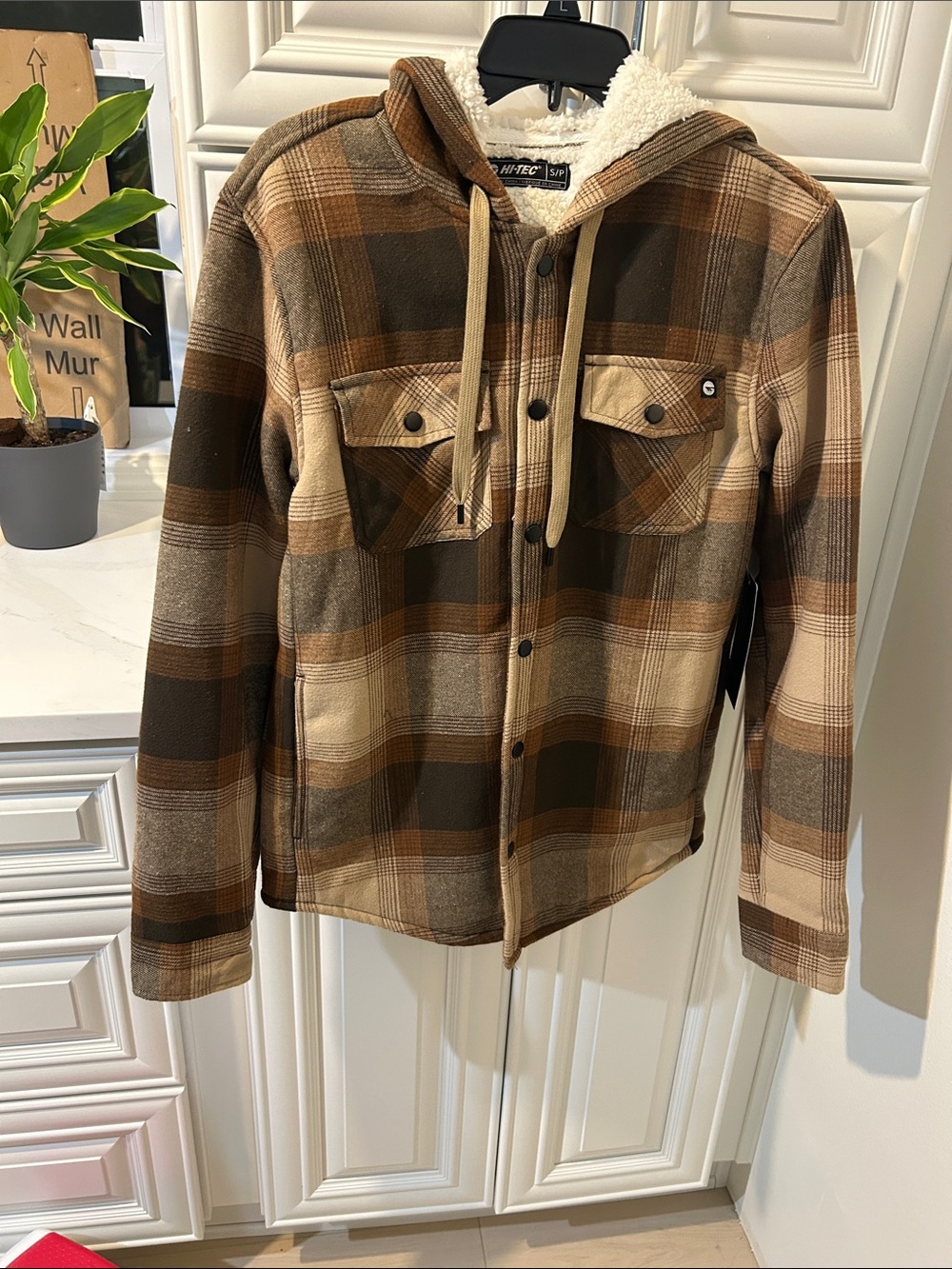 Hi-Tec Men’s Brown Plaid Sherpa Hooded Shirt Jacket